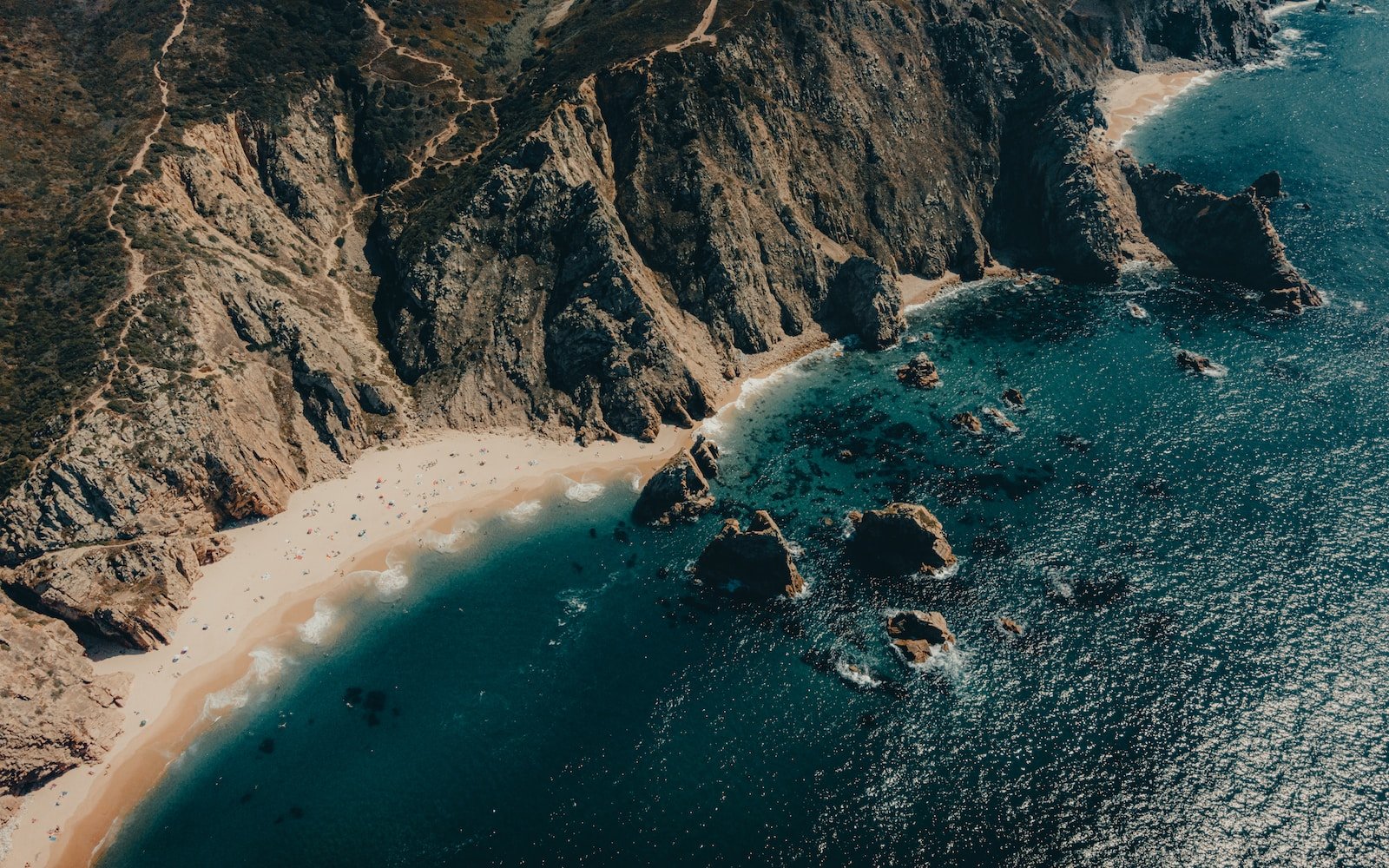 an aerial view of a beach and mountains